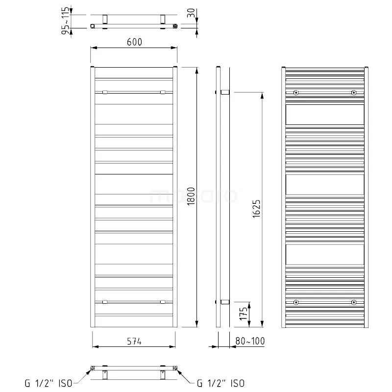 Pluto Handdoekradiator | 60x180 Cm Hoogglans Wit 1090 Watt Aluminium Centrale Verwarming 7 Pluto Handdoekradiator | 60x180 Cm Hoogglans Wit 1090 Watt Aluminium Centrale Verwarming - Afbeelding 7