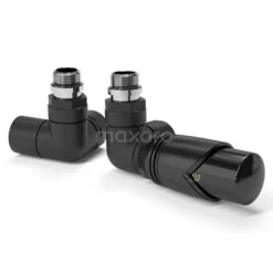 Radiatorkraan Thermostatisch Dubbel Haaks Rechtshandig Met Voetventiel Mat Zwart-Mat Zwart