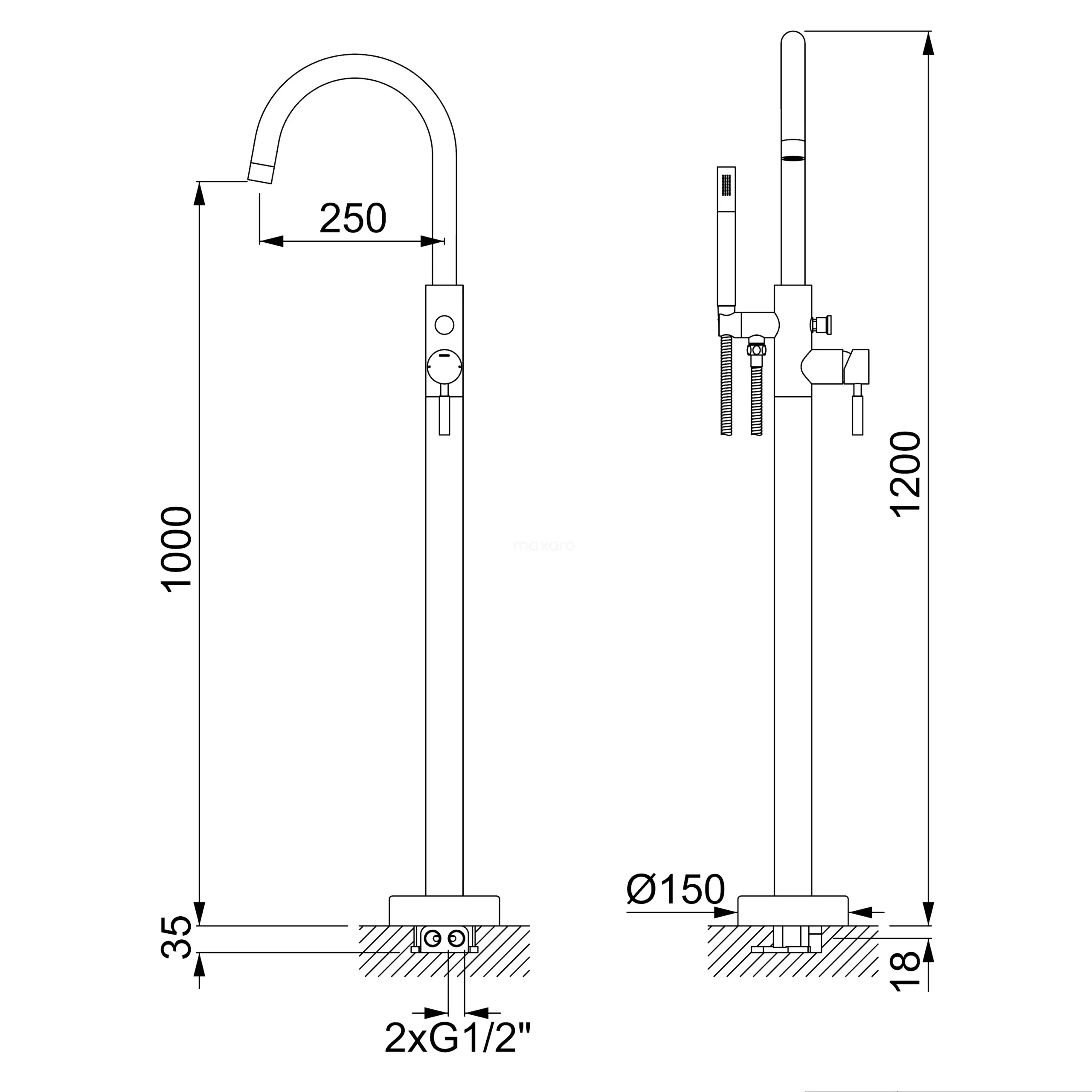 Vrijstaande Badkraan Met Handdouche Radius Gold, Eéngreeps Mengkraan, Goud 4 Vrijstaande Badkraan Met Handdouche Radius Gold, Eéngreeps Mengkraan, Goud - Afbeelding 4