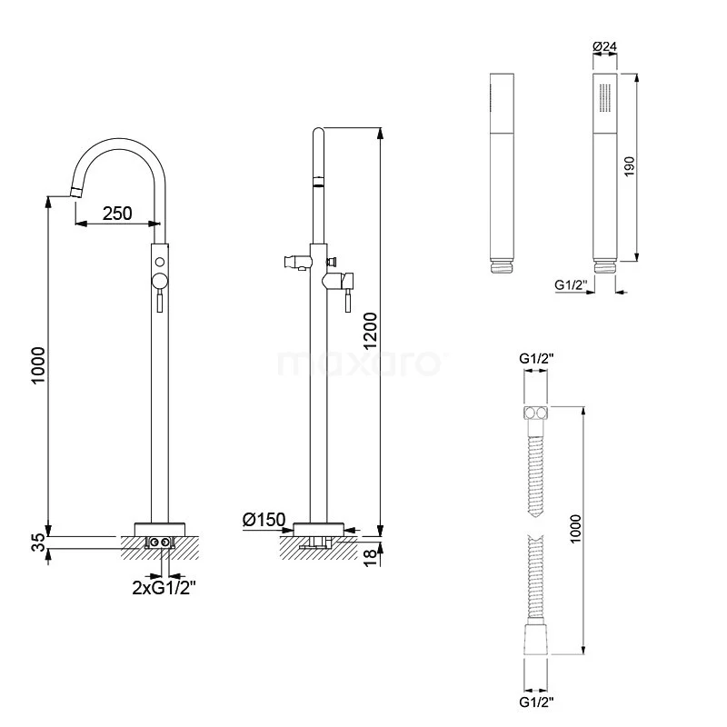 Vrijstaande Badkraan Met Handdouche Radius Steel, Eéngreeps Mengkraan, Rvs 8 Vrijstaande Badkraan Met Handdouche Radius Steel, Eéngreeps Mengkraan, Rvs - Afbeelding 8